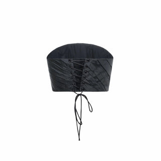 Mini dress with train and draped bodice — expressive silhouette and sophisticated asymmetry