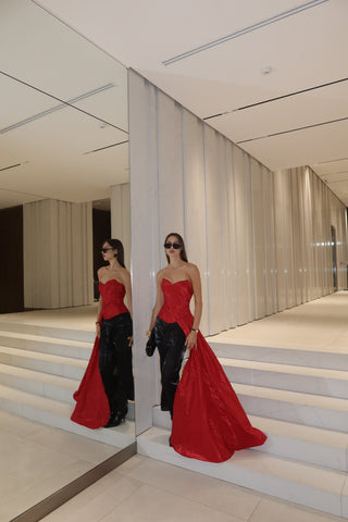 Red corset with train — a striking accent for special occasions