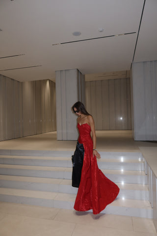 Red corset with train — a striking accent for special occasions