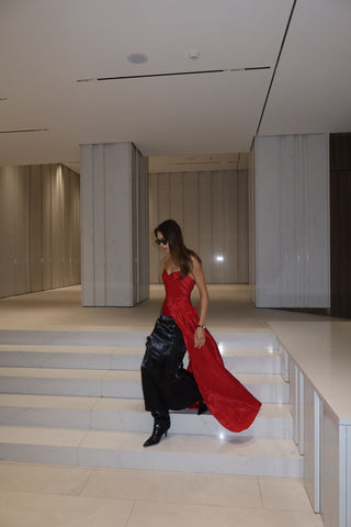Red corset with train — a striking accent for special occasions