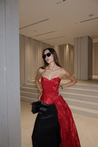 Red corset with train — a striking accent for special occasions