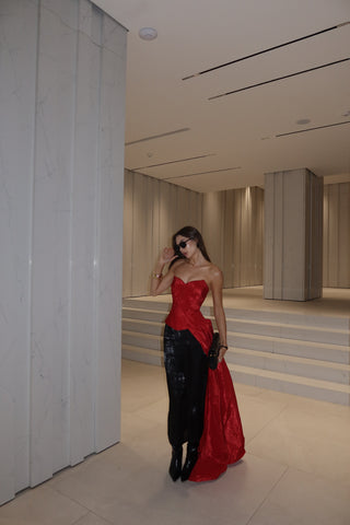 Red corset with train — a striking accent for special occasions