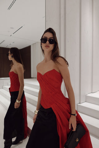 Red corset with train — a striking accent for special occasions