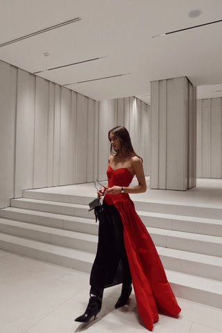 Red corset with train — a striking accent for special occasions