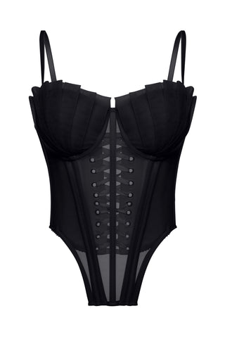 Classic lace-up mesh corset with fan cups, metal boning, and removable straps - designer piece by Caribis