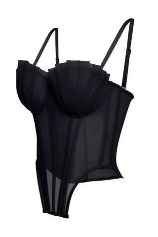 Classic lace-up mesh corset with fan cups, metal boning, and removable straps
