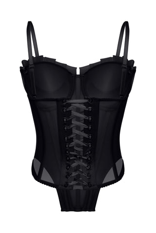 Classic lace-up mesh corset with fan cups, metal boning, and removable straps