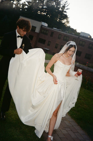Wedding set with delicate flowers and pearls — strapless corset with a long skirt