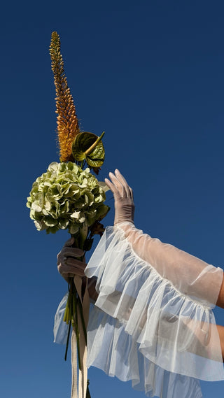 Wedding set with embroidered ribbons and pearls, corset and organza skirt with train