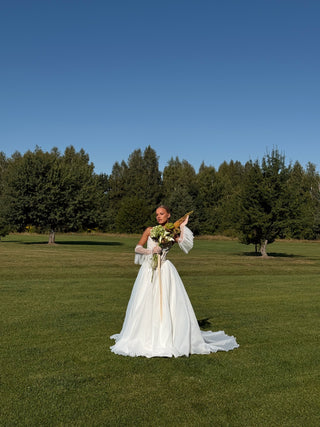 Wedding set with embroidered ribbons and pearls, corset and organza skirt with train