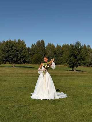 Wedding set with embroidered ribbons and pearls, corset and organza skirt with train