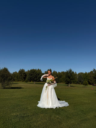 Wedding set with embroidered ribbons and pearls, corset and organza skirt with train