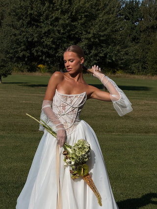 Wedding set with embroidered ribbons and pearls, corset and organza skirt with train