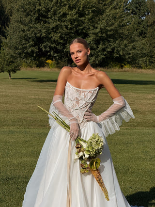 Wedding set with embroidered ribbons and pearls, corset and organza skirt with train