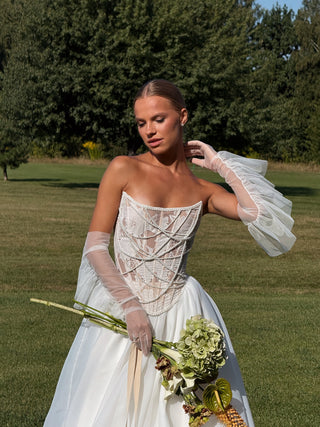 Wedding set with embroidered ribbons and pearls, corset and organza skirt with train
