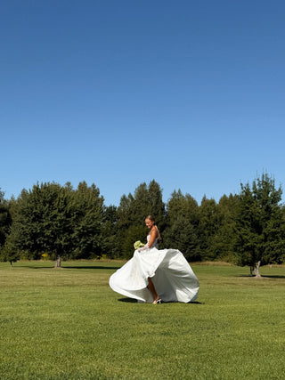Wedding set with embroidered ribbons and pearls, corset and organza skirt with train