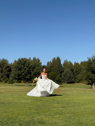 Wedding set with embroidered ribbons and pearls, corset and organza skirt with train