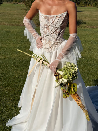 Wedding set with embroidered ribbons and pearls, corset and organza skirt with train