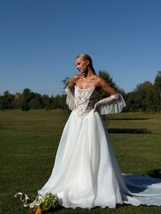 Wedding set with embroidered ribbons and pearls, corset and organza skirt with train