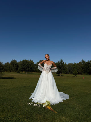 Wedding set with embroidered ribbons and pearls, corset and organza skirt with train