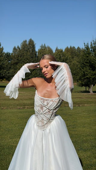 Wedding set with embroidered ribbons and pearls, corset and organza skirt with train