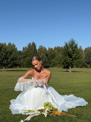 Wedding set with embroidered ribbons and pearls, corset and organza skirt with train