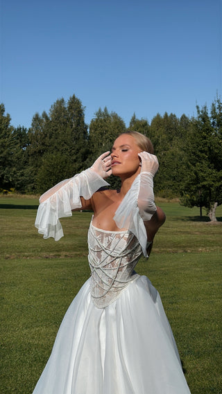 Wedding set with embroidered ribbons and pearls, corset and organza skirt with train