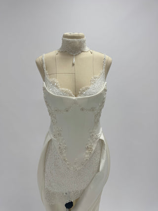 Lace and satin set with detachable train — satin corset with embroidery on lacing with metal bones