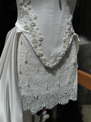 Lace and satin set with detachable train — satin corset with embroidery on lacing with metal bones