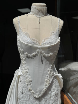 Lace and satin set with detachable train — satin corset with embroidery on lacing with metal bones