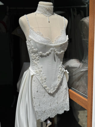 Lace and satin set with detachable train — satin corset with embroidery on lacing with metal bones