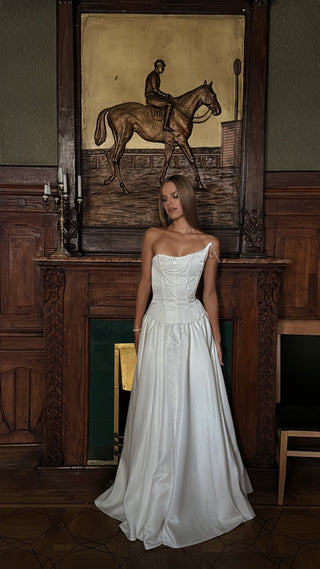 Wedding set with corset and skirt — corset with embroidery, crystals, and asymmetrical neckline, A-line skirt with lacing at the back
