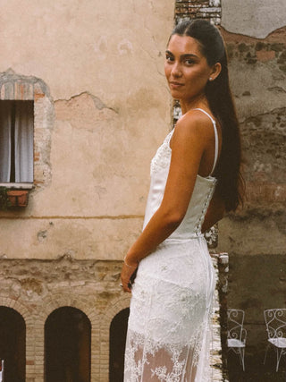 Convertible wedding set with satin corset, skirt, lace dress and train