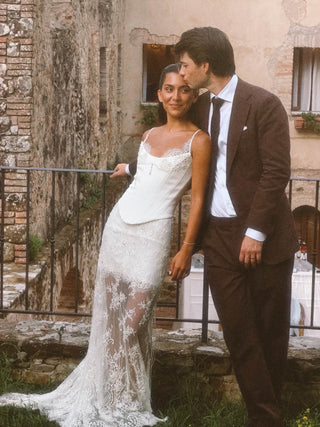 Convertible wedding set with satin corset, skirt, lace dress and train