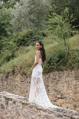 Convertible wedding set with satin corset, skirt, lace dress and train