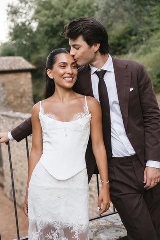 Convertible wedding set with satin corset, skirt, lace dress and train