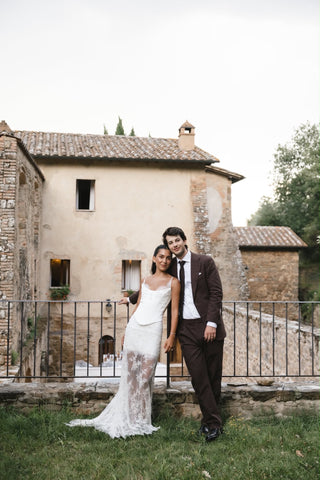 Convertible wedding set with satin corset, skirt, lace dress and train