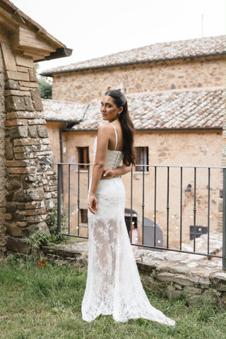 Convertible wedding set with satin corset, skirt, lace dress and train