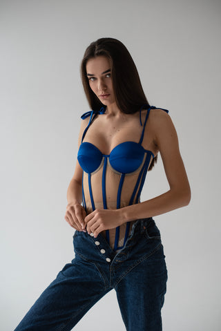 Mesh and blue satin wedding corset top — long, classic style with lacing at the back, metal boning, and removable straps
