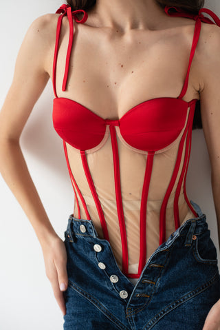 Mesh and red satin wedding corset top — long, classic style with lacing at the back, metal boning, and removable straps