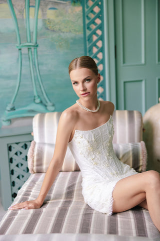 Lace wedding set with embroidered corset and two skirts: a long A-line skirt and a short lined skirt, with lace gloves
