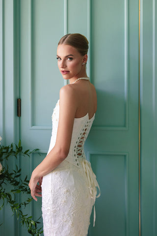 Lace wedding set with embroidered corset and two skirts: a long A-line skirt and a short lined skirt, with lace gloves