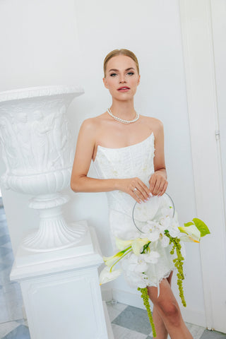 Lace wedding set with embroidered corset and two skirts: a long A-line skirt and a short lined skirt, with lace gloves