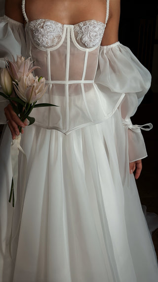 Bride's set — strapless corset with embroidered cups, organza skirt with train