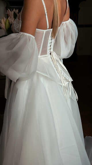 Bride's set — strapless corset with embroidered cups, organza skirt with train