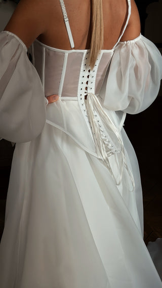 Bride's set — strapless corset with embroidered cups, organza skirt with train