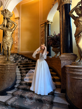 Wedding set with embroidered ribbons and pearls, corset and organza skirt with train