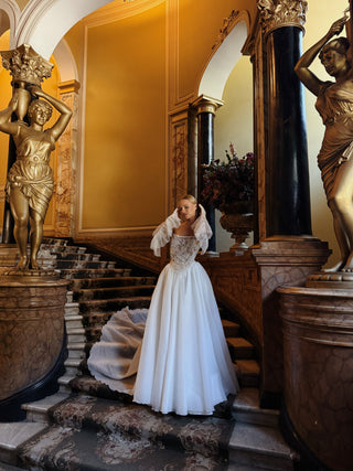 Wedding set with embroidered ribbons and pearls, corset and organza skirt with train