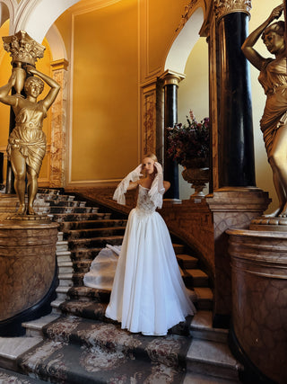 Wedding set with embroidered ribbons and pearls, corset and organza skirt with train