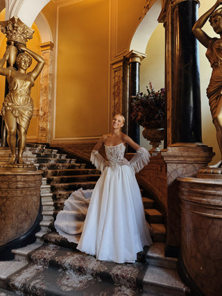 Wedding set with embroidered ribbons and pearls, corset and organza skirt with train